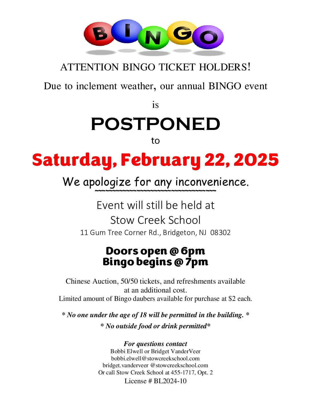 BINGO Postponed